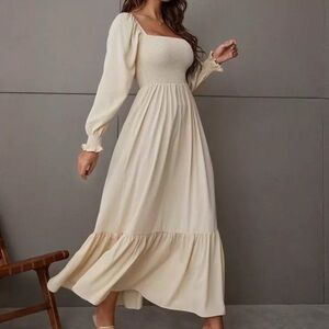 Square Neck Cream Tan Shirred Ruffle Hem Dress Size L
